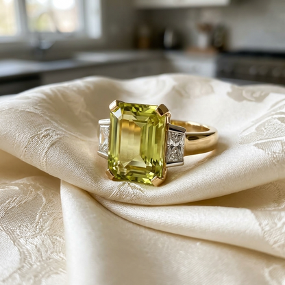 Golden beryl and trapezoid cut diamond ring - close up