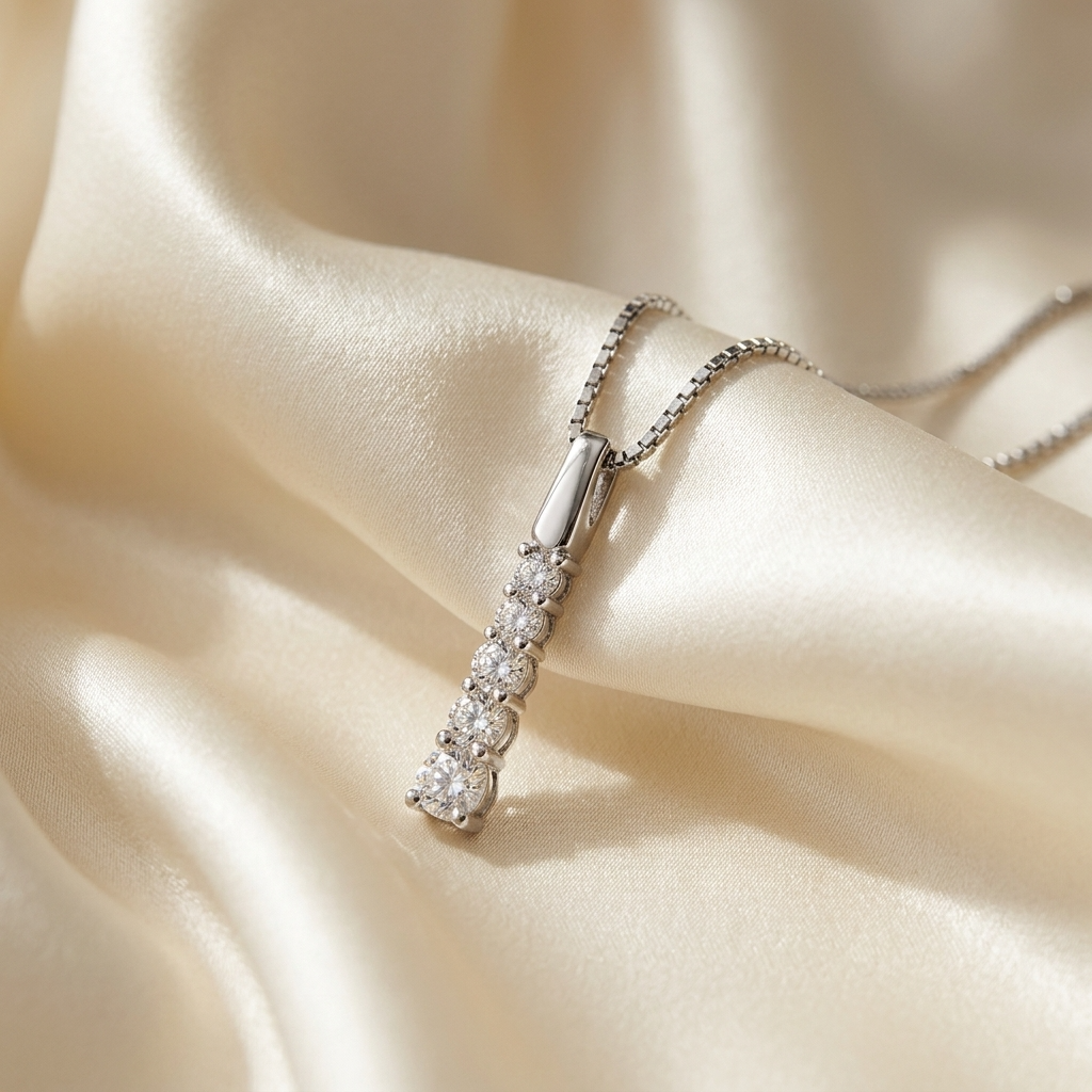 Graduated 5 stone claw set diamond pendant - angled view