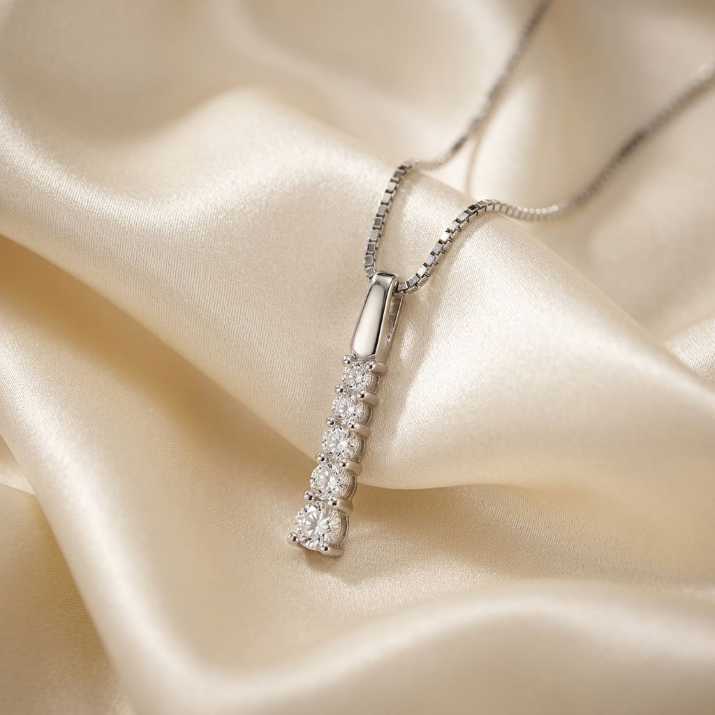 Graduated 5 stone claw set diamond pendant - detail view