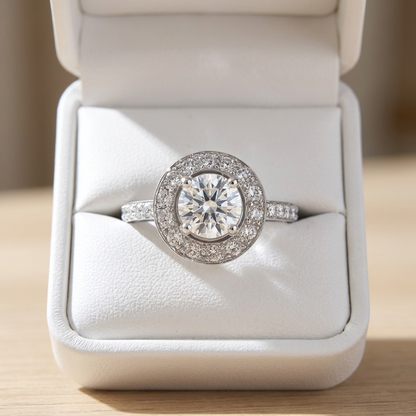 Round brilliant diamond halo engagement ring in 18ct white gold — Diamond Imports Australia. © Diamond Imports 2026