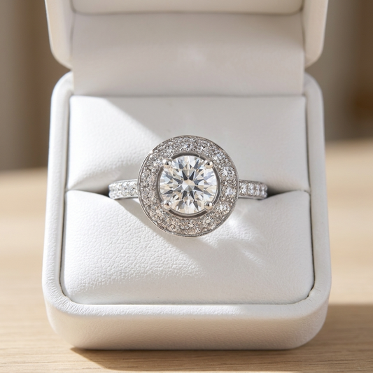 Round brilliant diamond halo engagement ring in 18ct white gold — Diamond Imports Australia. © Diamond Imports 2026