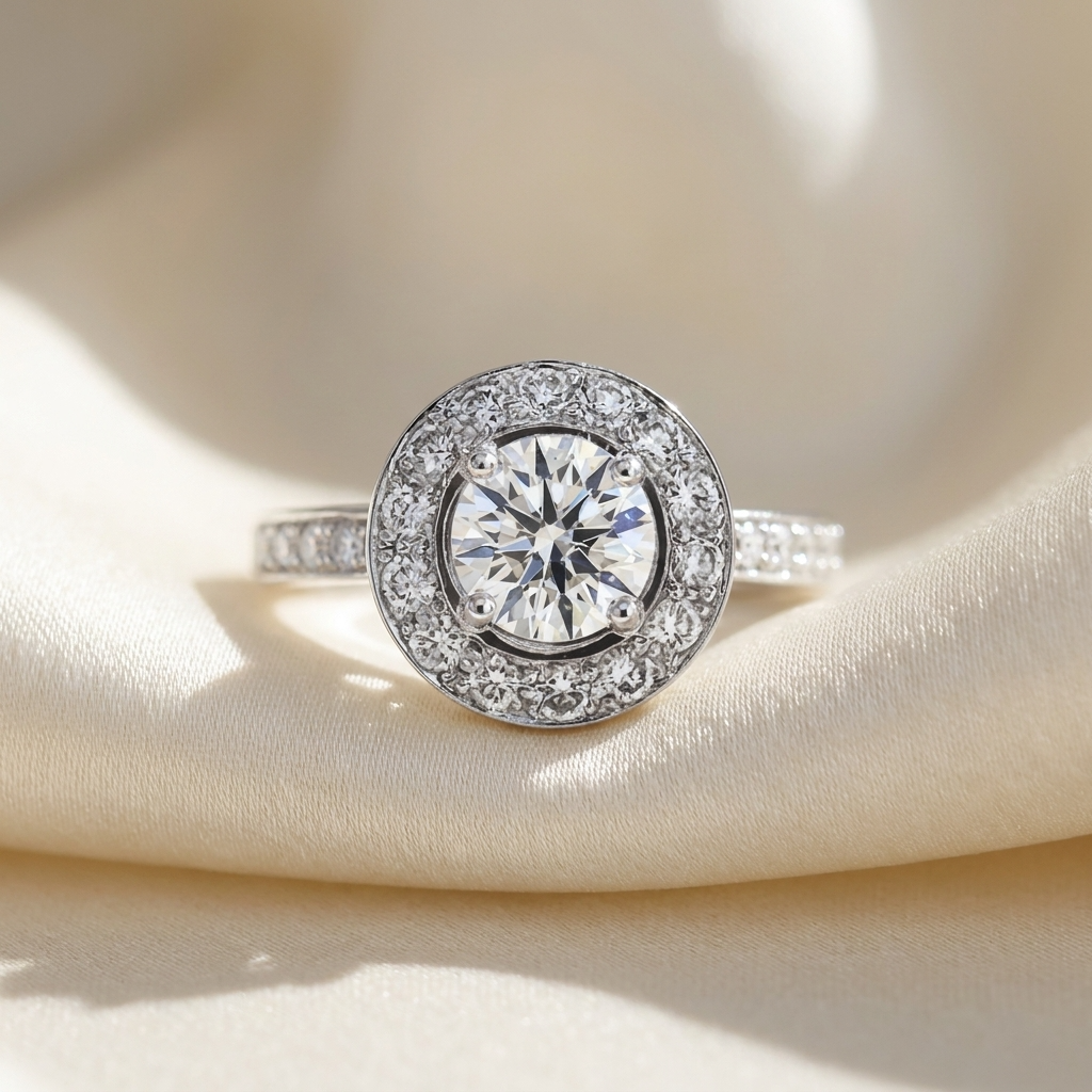Round brilliant diamond halo engagement ring in 18ct white gold — Diamond Imports Australia. © Diamond Imports 2026