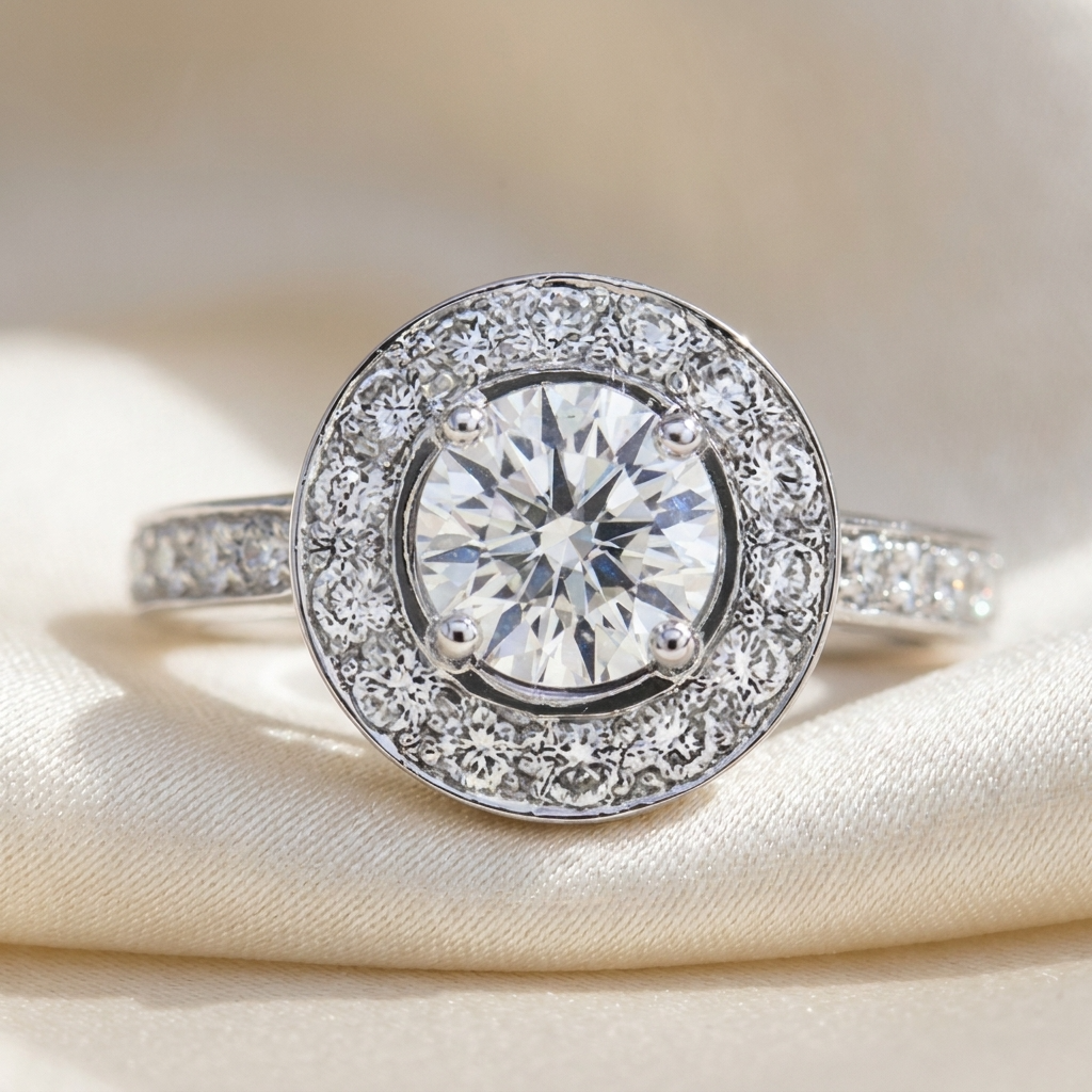 Round brilliant diamond halo engagement ring in 18ct white gold — Diamond Imports Australia. © Diamond Imports 2026