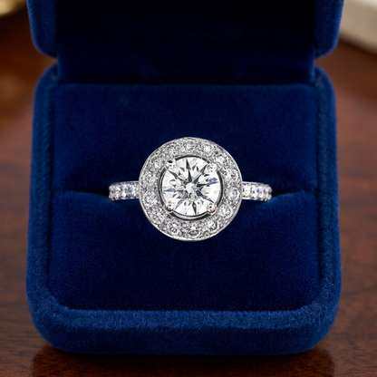 Round brilliant diamond halo engagement ring in 18ct white gold — Diamond Imports Australia. © Diamond Imports 2026