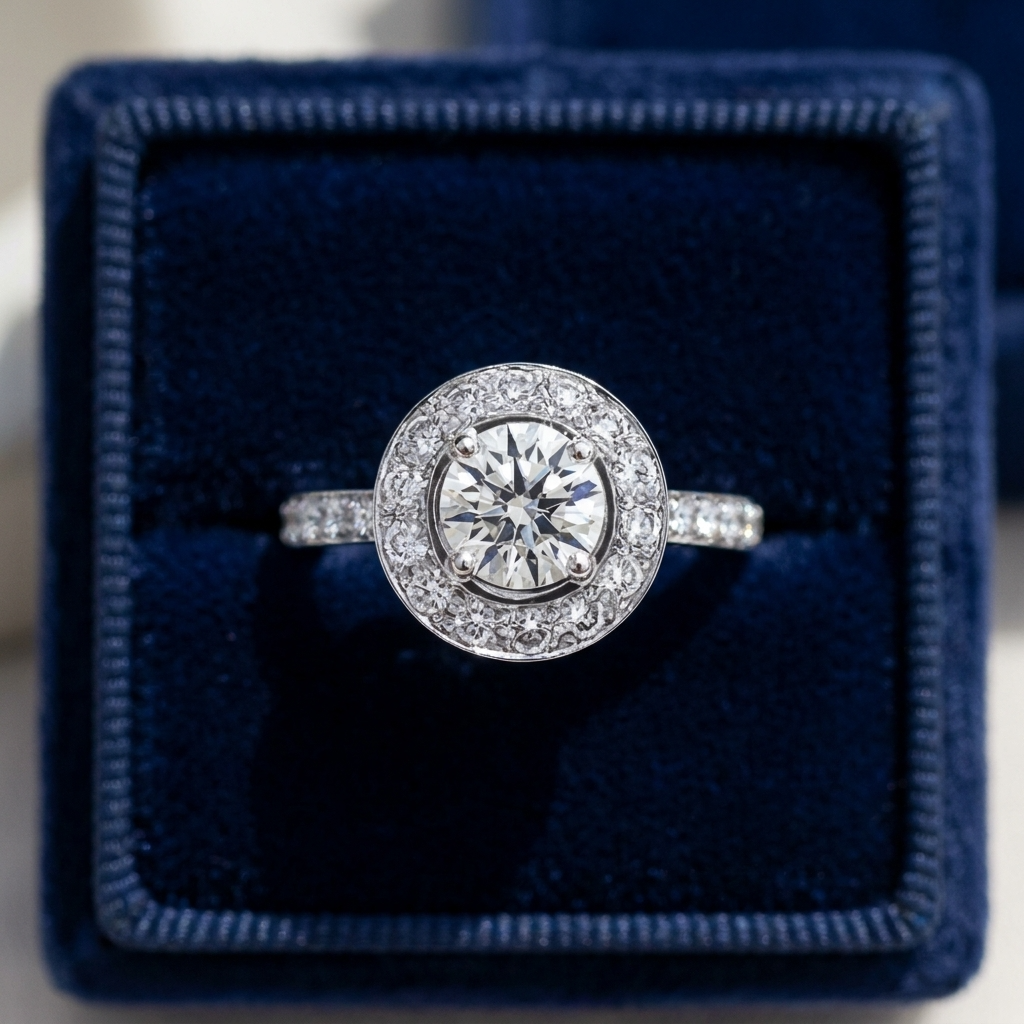 Round brilliant diamond halo engagement ring in 18ct white gold — Diamond Imports Australia. © Diamond Imports 2026