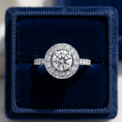 Round brilliant diamond halo engagement ring in 18ct white gold — Diamond Imports Australia. © Diamond Imports 2026