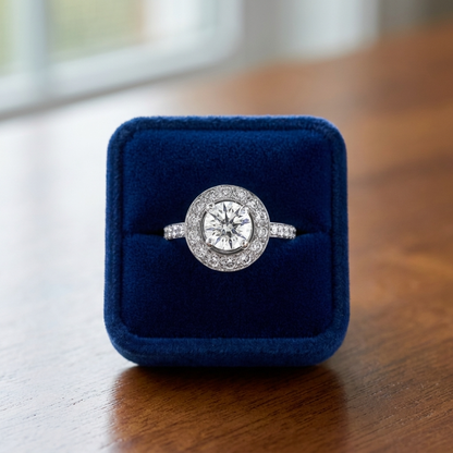 Round brilliant diamond halo engagement ring in 18ct white gold — Diamond Imports Australia. © Diamond Imports 2026