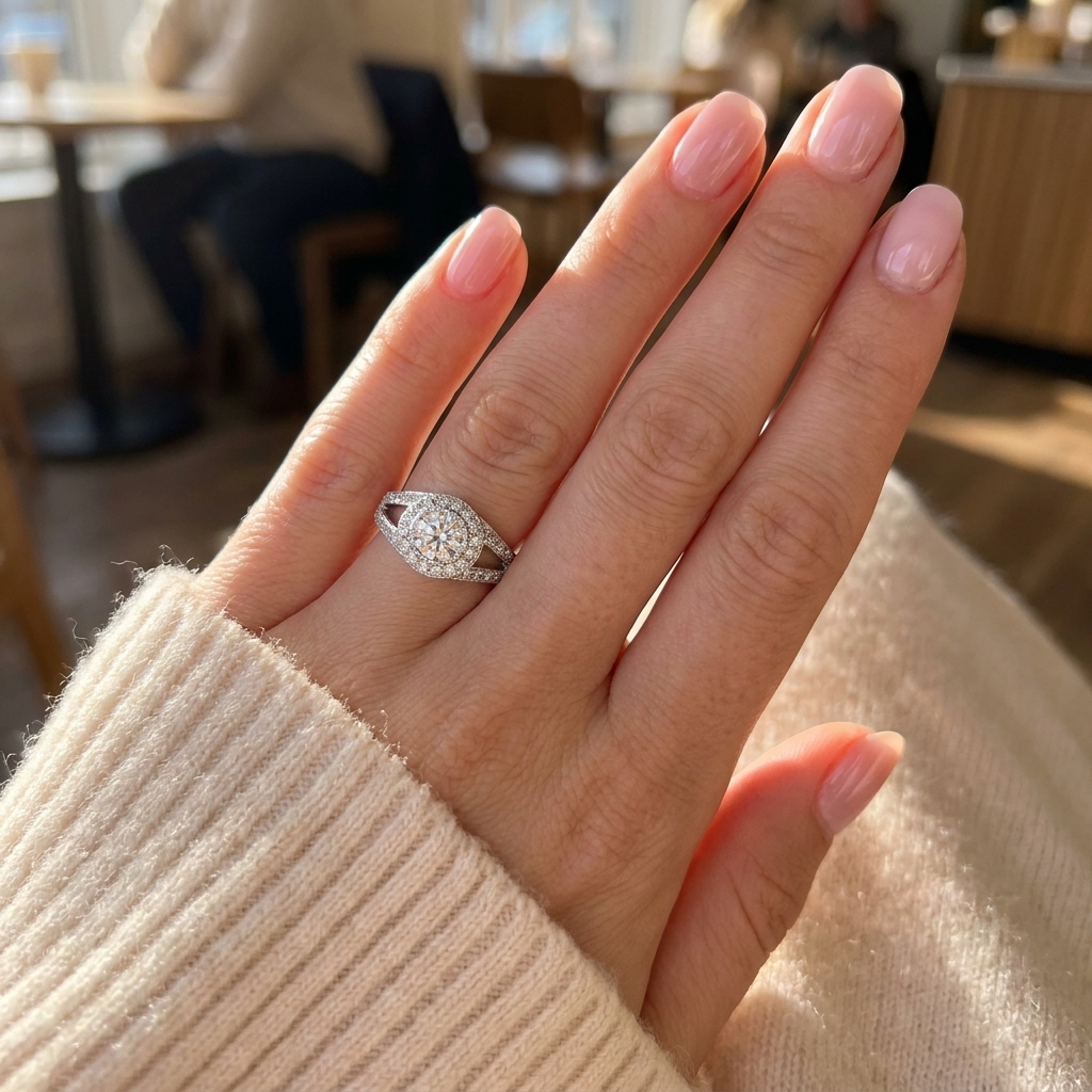 Round brilliant diamond halo engagement ring in 18ct white gold — Diamond Imports Australia. © Diamond Imports 2026