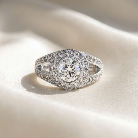 Round brilliant diamond halo engagement ring in 18ct white gold — Diamond Imports Australia. © Diamond Imports 2026
