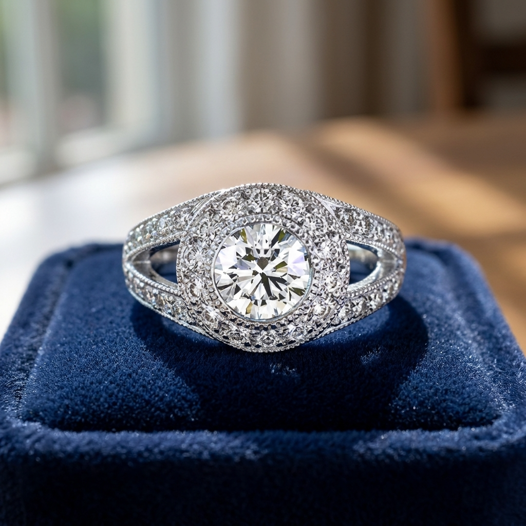 Round brilliant diamond halo engagement ring in 18ct white gold — Diamond Imports Australia. © Diamond Imports 2026