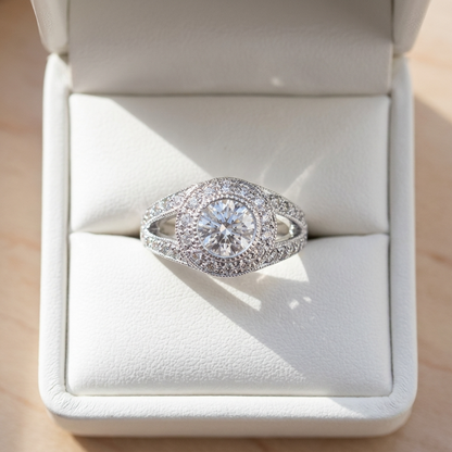 Round brilliant diamond halo engagement ring in 18ct white gold — Diamond Imports Australia. © Diamond Imports 2026