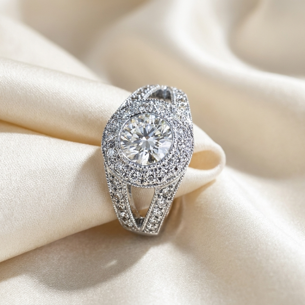 Round brilliant diamond halo engagement ring in 18ct white gold — Diamond Imports Australia. © Diamond Imports 2026