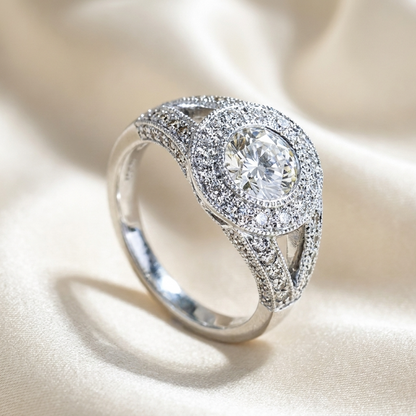 Round brilliant diamond halo engagement ring in 18ct white gold — Diamond Imports Australia. © Diamond Imports 2026