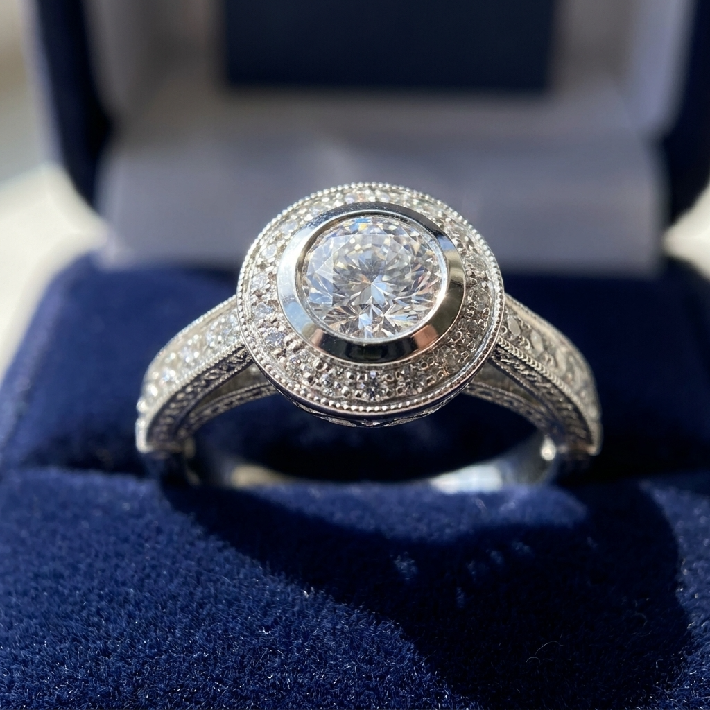 Round brilliant diamond halo engagement ring in 18ct white gold — Diamond Imports Australia. © Diamond Imports 2026
