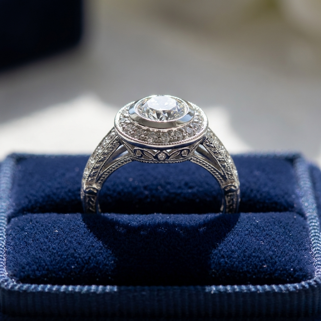 Round brilliant diamond halo engagement ring in 18ct white gold — Diamond Imports Australia. © Diamond Imports 2026