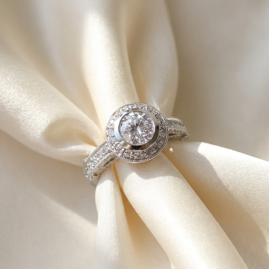 Round brilliant diamond halo engagement ring in 18ct white gold — Diamond Imports Australia. © Diamond Imports 2026