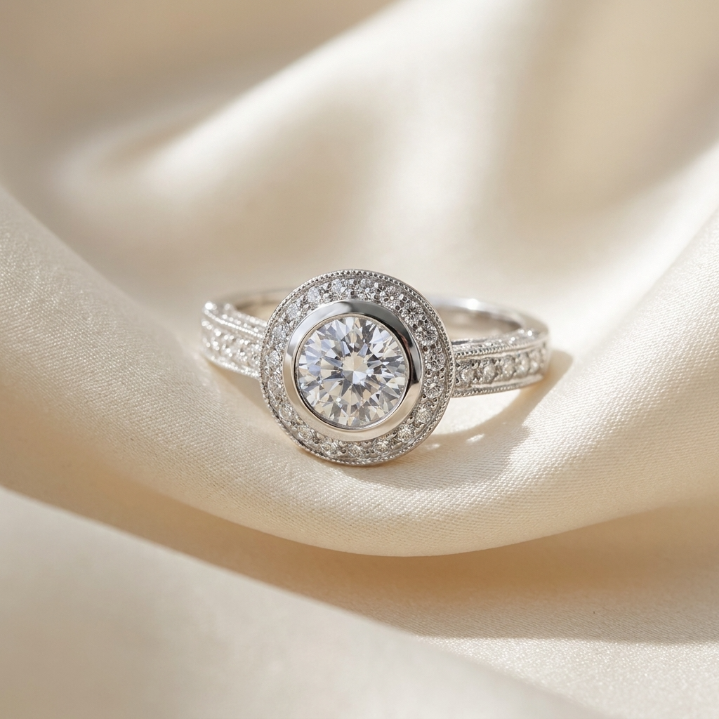 Round brilliant diamond halo engagement ring in 18ct white gold — Diamond Imports Australia. © Diamond Imports 2026