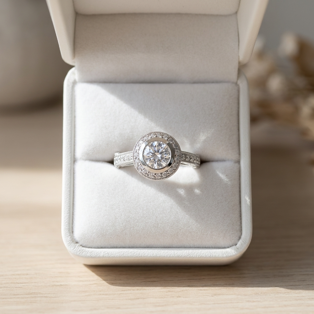 Round brilliant diamond halo engagement ring in 18ct white gold — Diamond Imports Australia. © Diamond Imports 2026