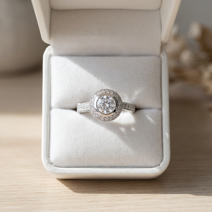 Round brilliant diamond halo engagement ring in 18ct white gold — Diamond Imports Australia. © Diamond Imports 2026