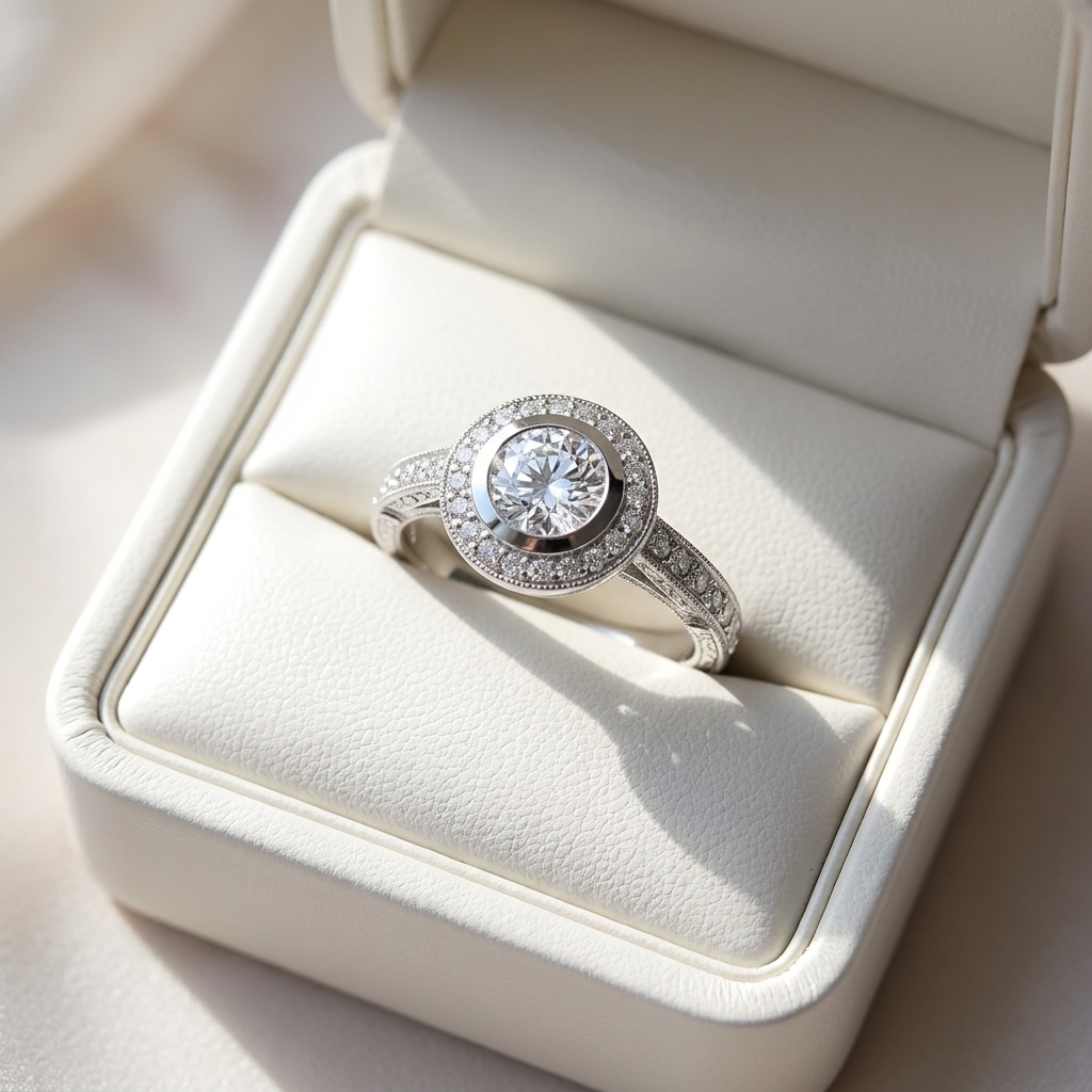 Round brilliant diamond halo engagement ring in 18ct white gold — Diamond Imports Australia. © Diamond Imports 2026