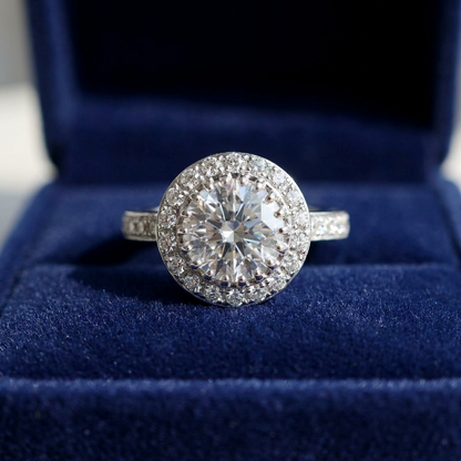 Round brilliant diamond halo engagement ring in 18ct white gold — Diamond Imports Australia. © Diamond Imports 2026