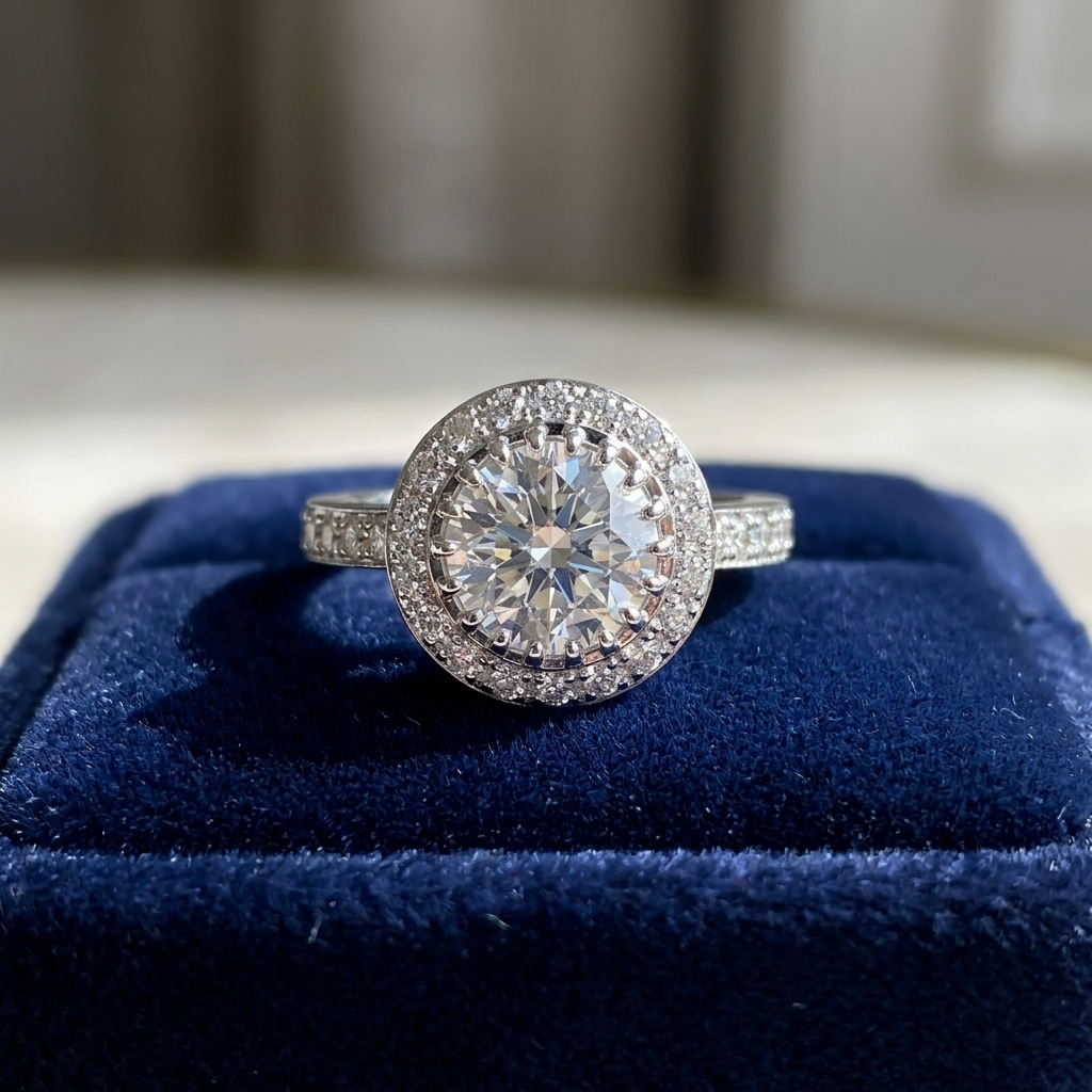 Round brilliant diamond halo engagement ring in 18ct white gold — Diamond Imports Australia. © Diamond Imports 2026