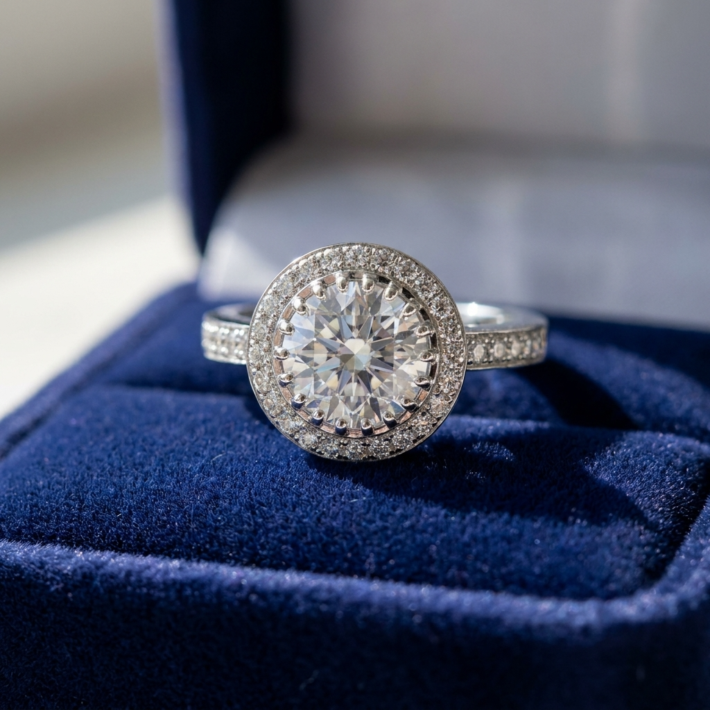 Round brilliant diamond halo engagement ring in 18ct white gold — Diamond Imports Australia. © Diamond Imports 2026