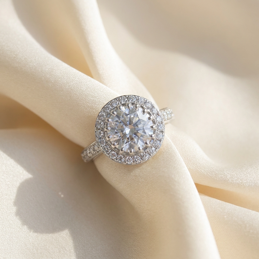 Round brilliant diamond halo engagement ring in 18ct white gold — Diamond Imports Australia. © Diamond Imports 2026