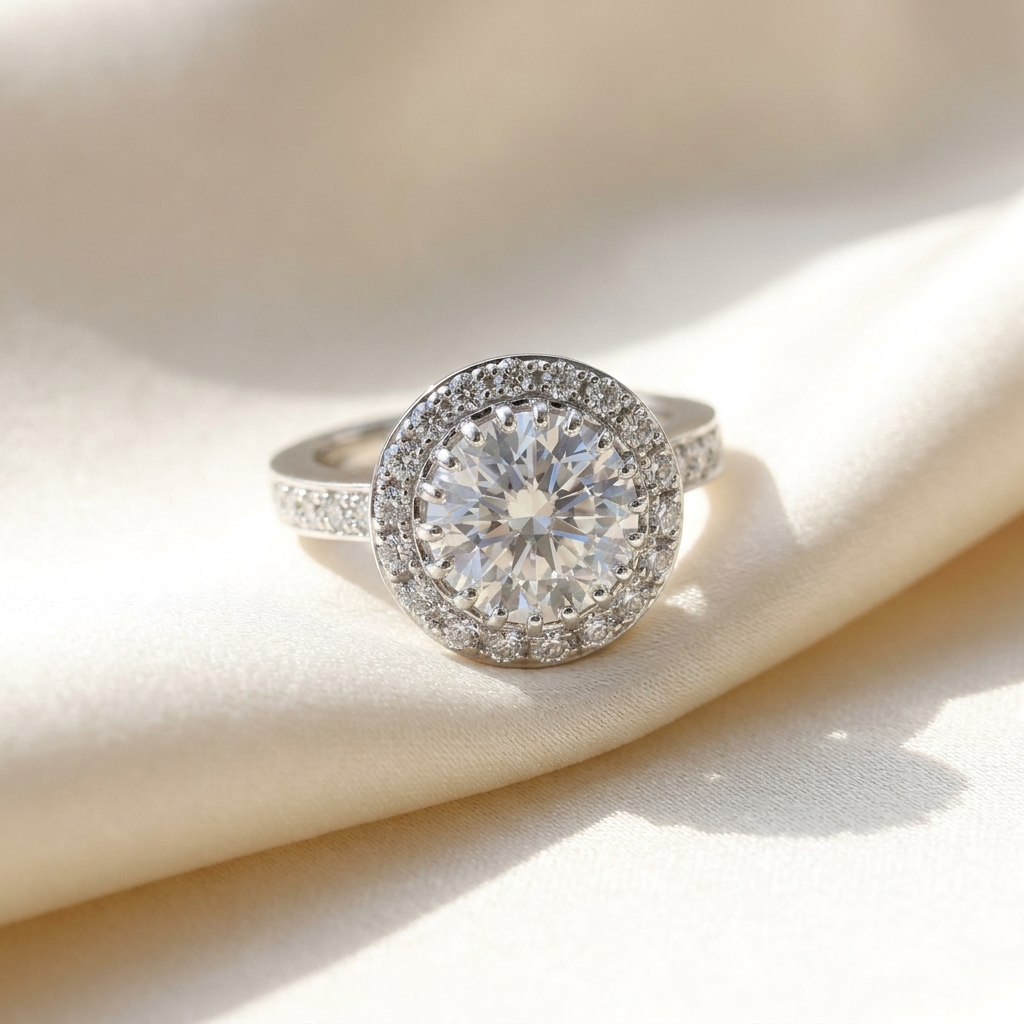 Round brilliant diamond halo engagement ring in 18ct white gold — Diamond Imports Australia. © Diamond Imports 2026