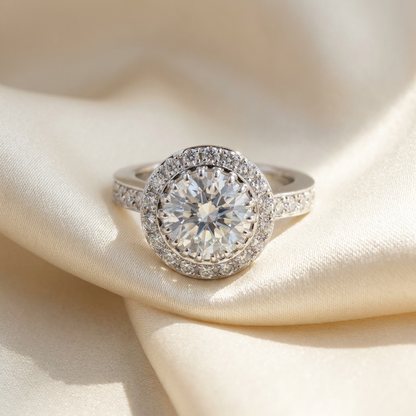 Round brilliant diamond halo engagement ring in 18ct white gold — Diamond Imports Australia. © Diamond Imports 2026