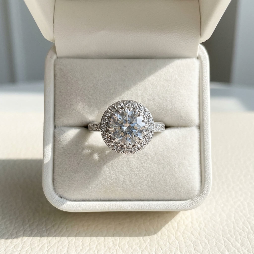 Round brilliant diamond halo engagement ring in 18ct white gold — Diamond Imports Australia. © Diamond Imports 2026