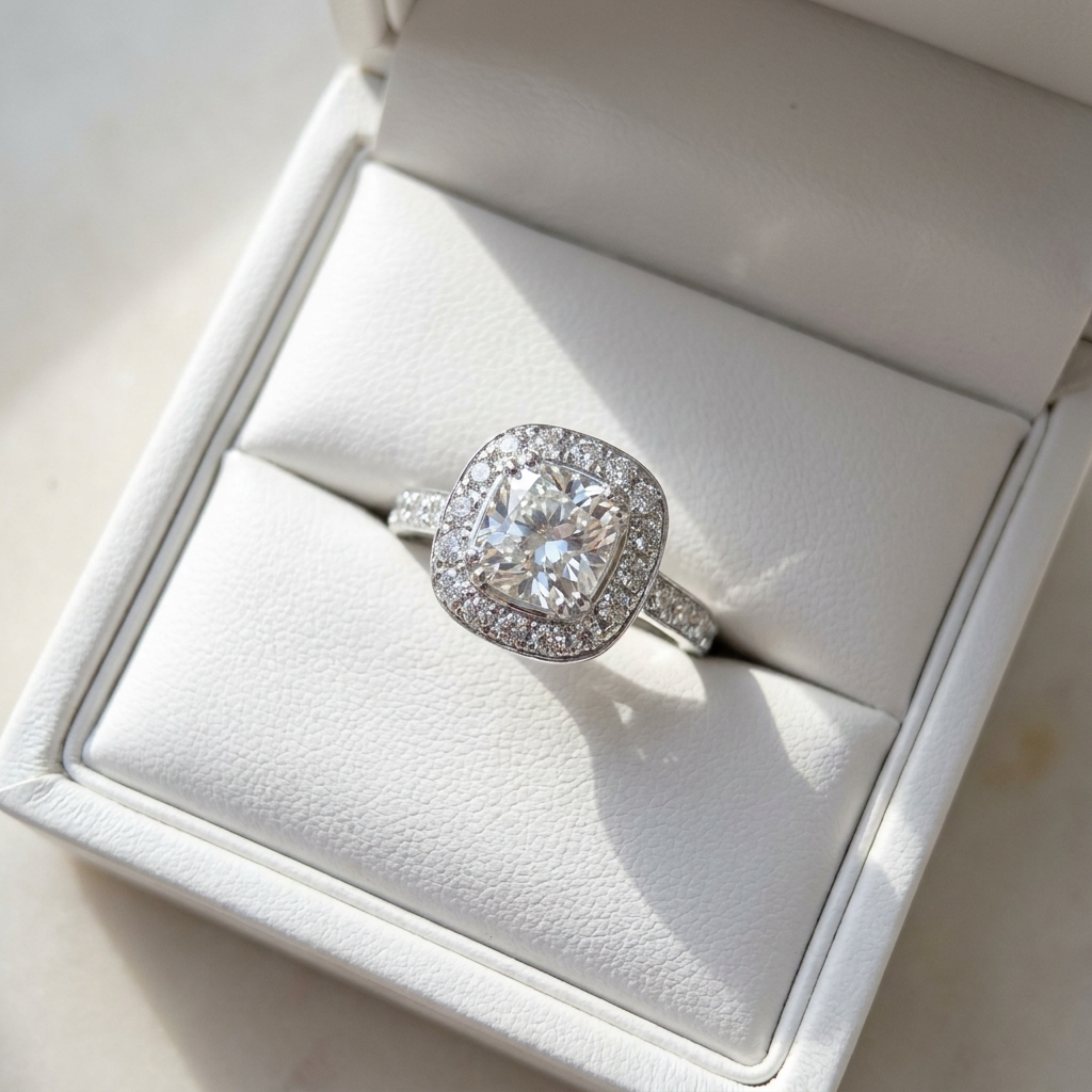 Cushion cut diamond halo engagement ring in 18ct white gold — Diamond Imports Australia. © Diamond Imports 2026