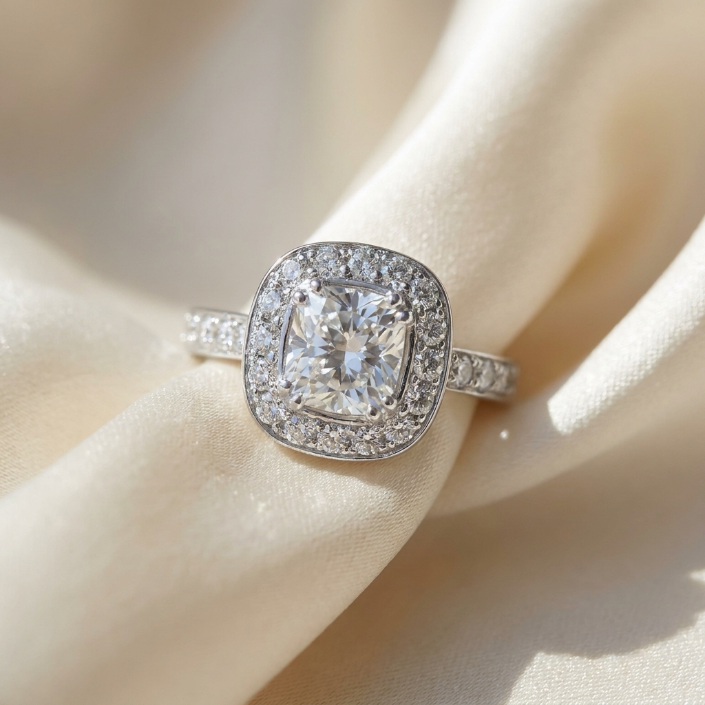 Cushion cut diamond halo engagement ring in 18ct white gold — Diamond Imports Australia. © Diamond Imports 2026