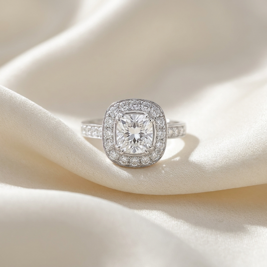 Cushion cut diamond halo engagement ring in 18ct white gold — Diamond Imports Australia. © Diamond Imports 2026