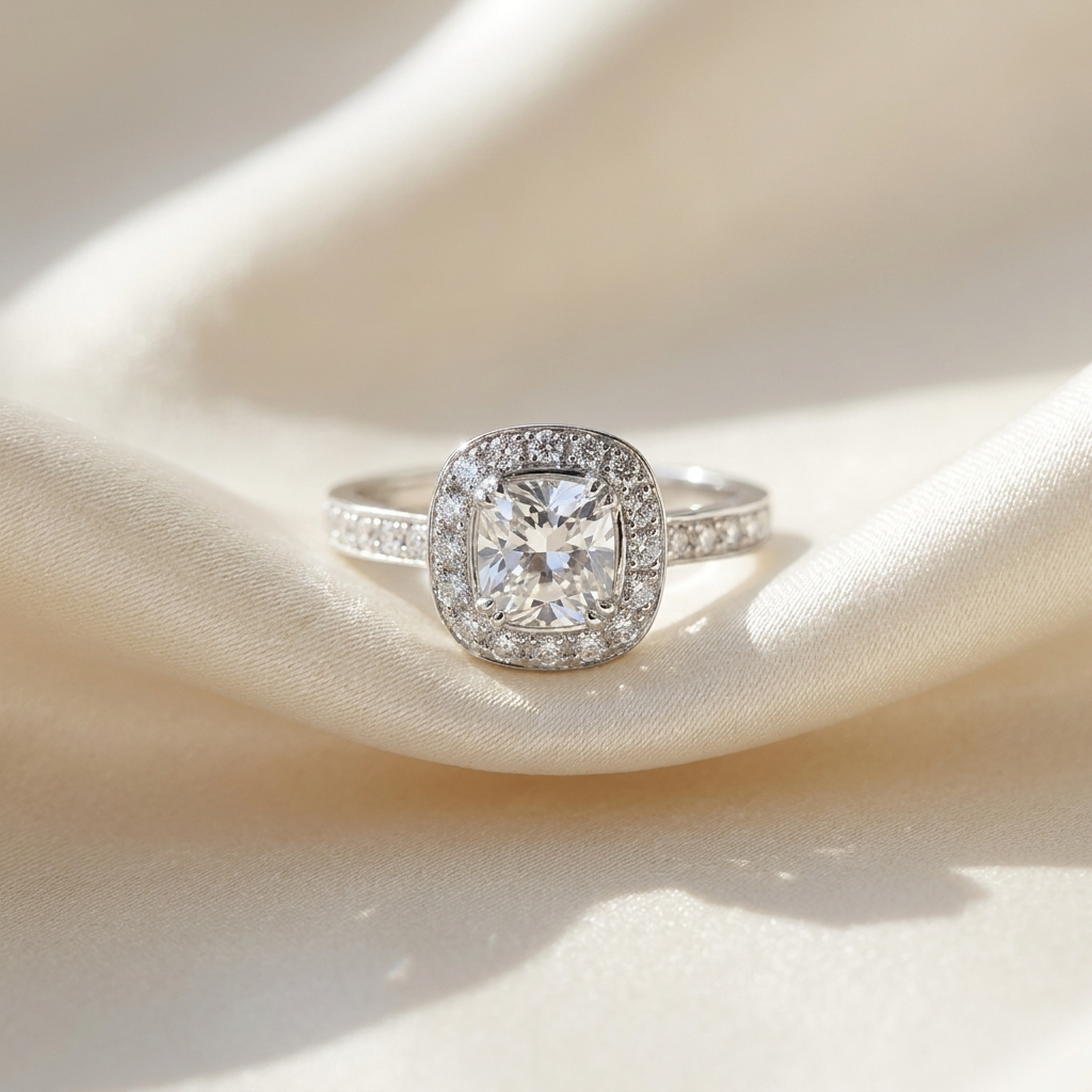 Cushion cut diamond halo engagement ring in 18ct white gold — Diamond Imports Australia. © Diamond Imports 2026