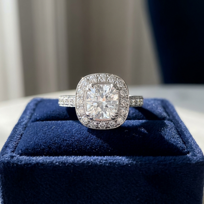Cushion cut diamond halo engagement ring in 18ct white gold — Diamond Imports Australia. © Diamond Imports 2026