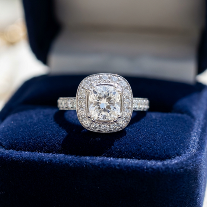 Cushion cut diamond halo engagement ring in 18ct white gold — Diamond Imports Australia. © Diamond Imports 2026