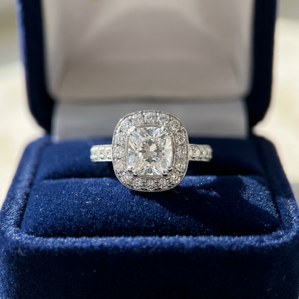 Cushion cut diamond halo engagement ring in 18ct white gold — Diamond Imports Australia. © Diamond Imports 2026