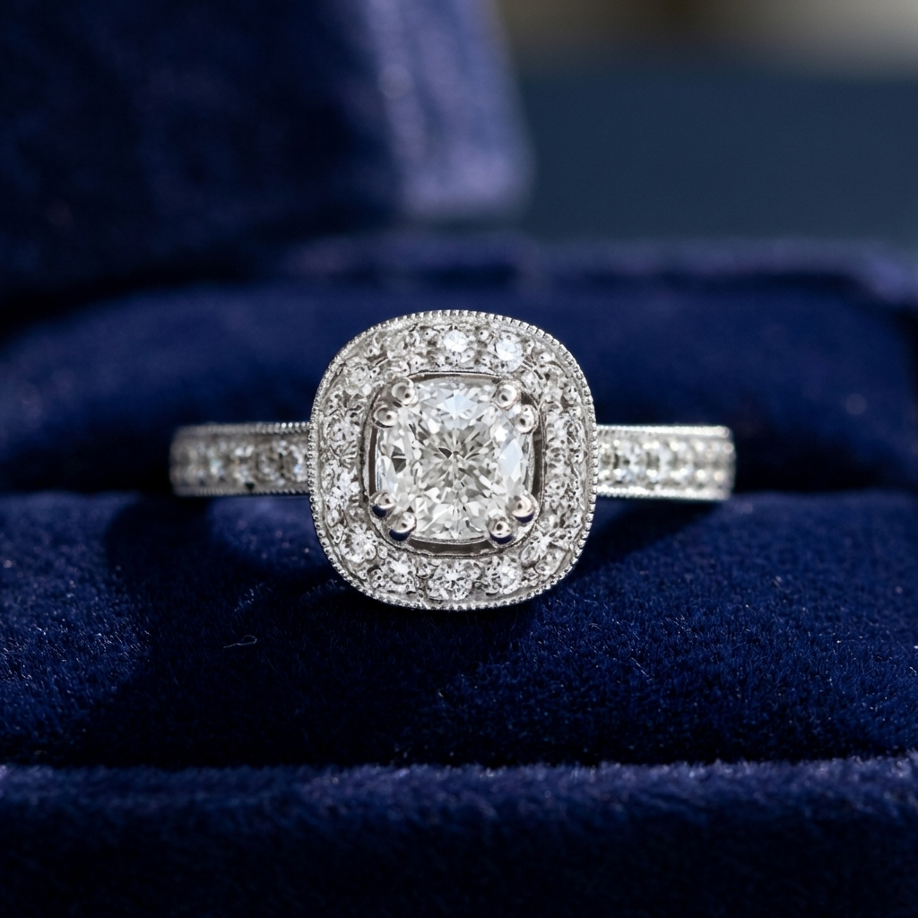 Cushion cut diamond halo engagement ring in 18ct white gold — Diamond Imports Australia. © Diamond Imports 2026