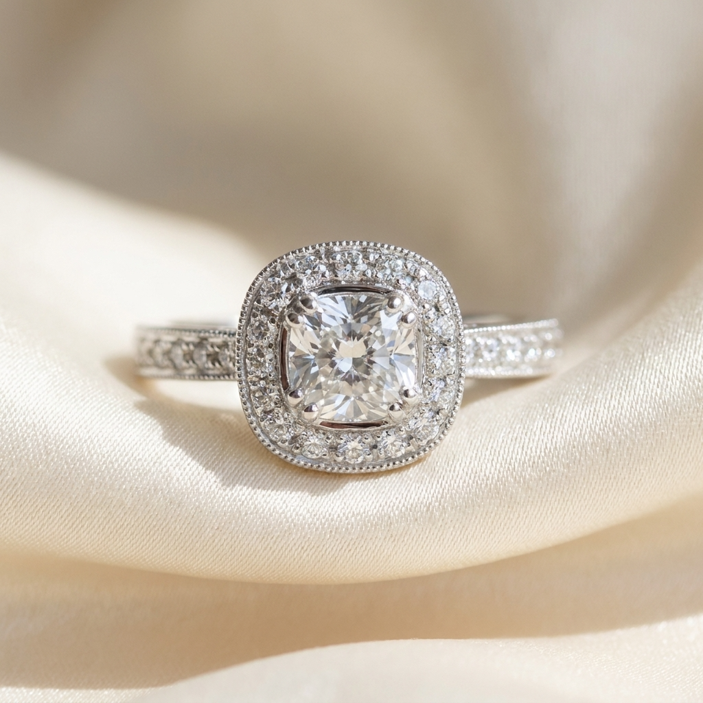 Cushion cut diamond halo engagement ring in 18ct white gold — Diamond Imports Australia. © Diamond Imports 2026