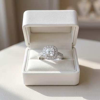 Cushion cut diamond halo engagement ring in 18ct white gold — Diamond Imports Australia. © Diamond Imports 2026