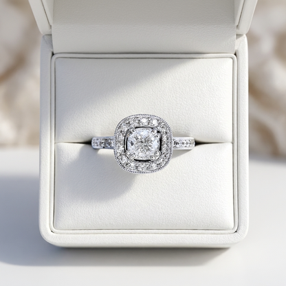 Cushion cut diamond halo engagement ring in 18ct white gold — Diamond Imports Australia. © Diamond Imports 2026