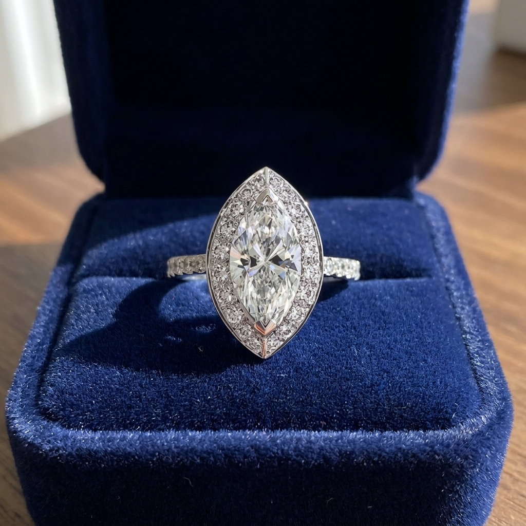 Marquise cut diamond halo engagement ring in 18ct white gold — Diamond Imports Australia. © Diamond Imports 2026