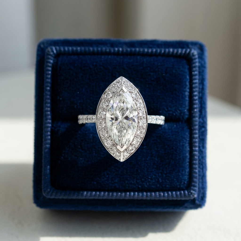 Marquise cut diamond halo engagement ring in 18ct white gold — Diamond Imports Australia. © Diamond Imports 2026