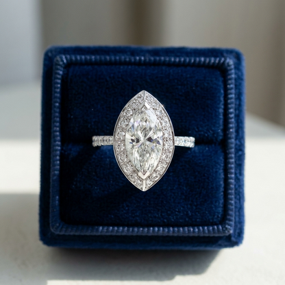 Marquise cut diamond halo engagement ring in 18ct white gold — Diamond Imports Australia. © Diamond Imports 2026