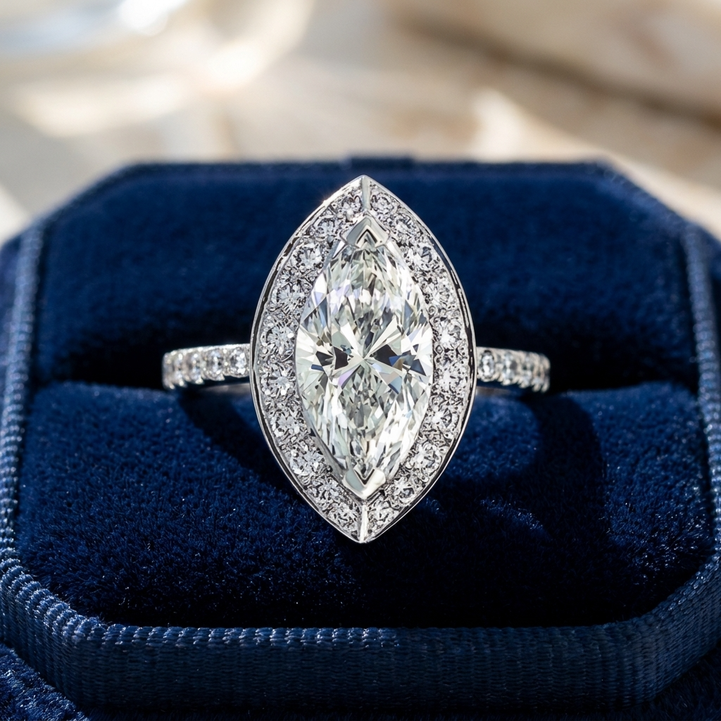 Marquise cut diamond halo engagement ring in 18ct white gold — Diamond Imports Australia. © Diamond Imports 2026