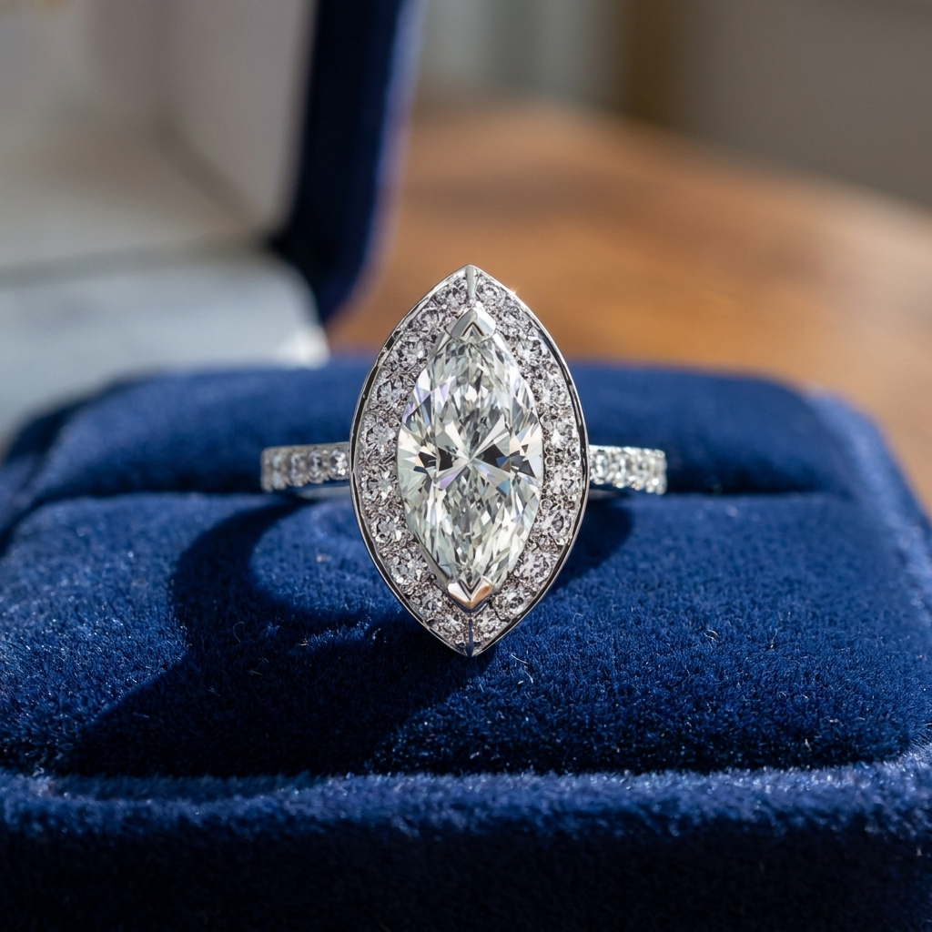 Marquise cut diamond halo engagement ring in 18ct white gold — Diamond Imports Australia. © Diamond Imports 2026