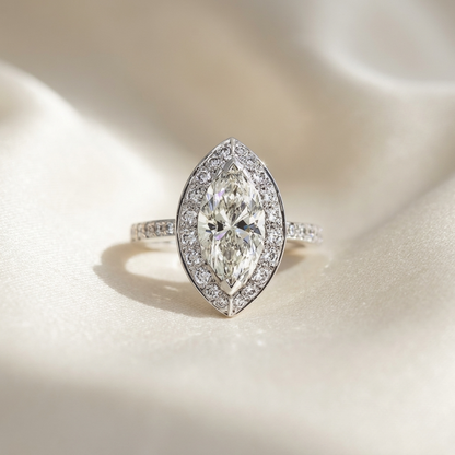 Marquise cut diamond halo engagement ring in 18ct white gold — Diamond Imports Australia. © Diamond Imports 2026