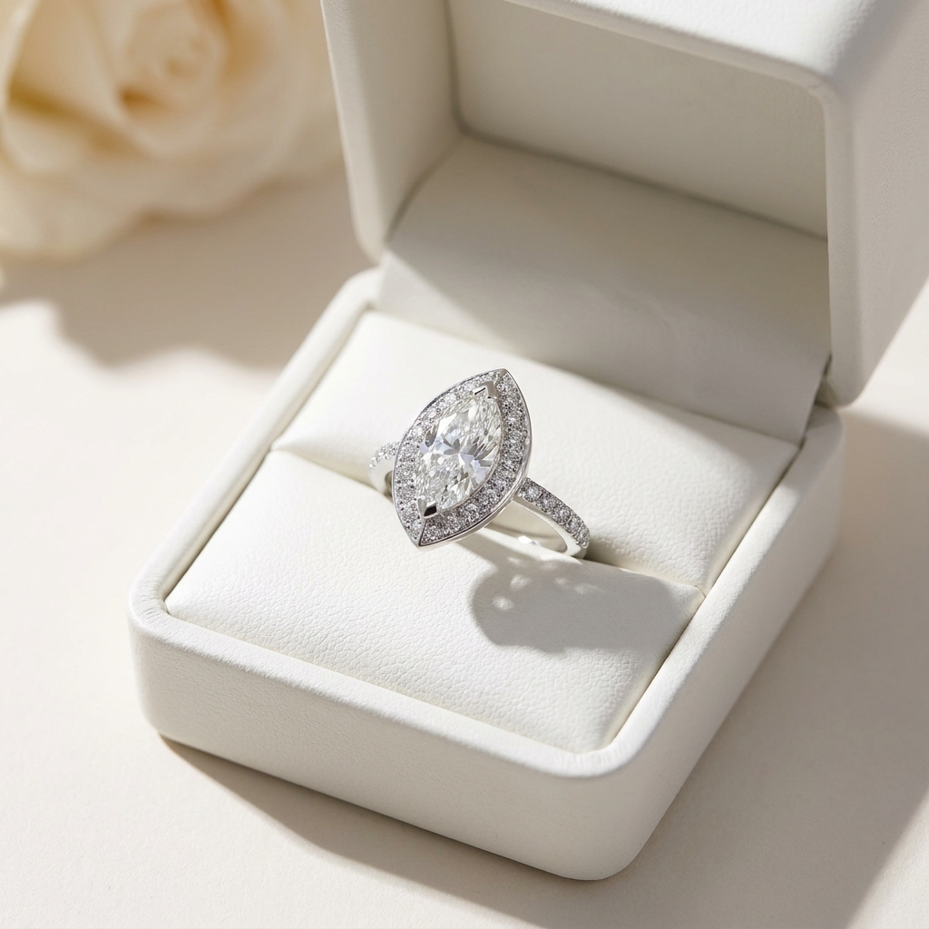 Marquise cut diamond halo engagement ring in 18ct white gold — Diamond Imports Australia. © Diamond Imports 2026
