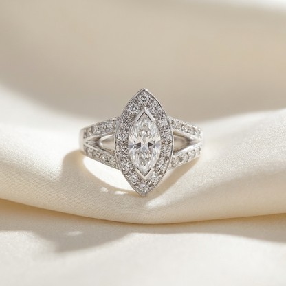 Marquise cut diamond halo engagement ring in 18ct white gold — Diamond Imports Australia. © Diamond Imports 2026